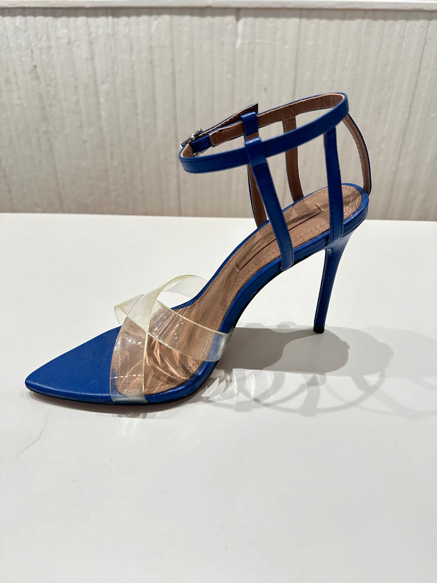 Daryl shiny nappa clear/peruvian blue strappy heel