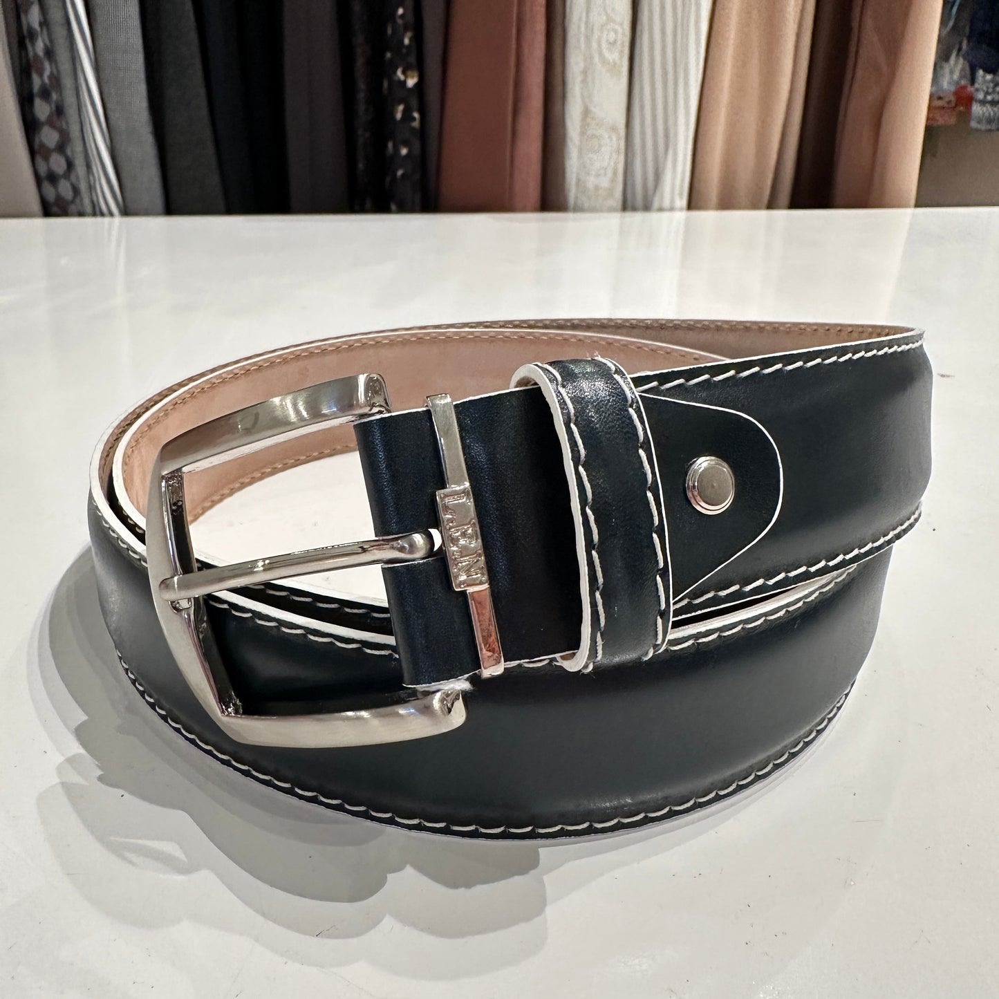 French Calf Belt in Navy with White Stitching