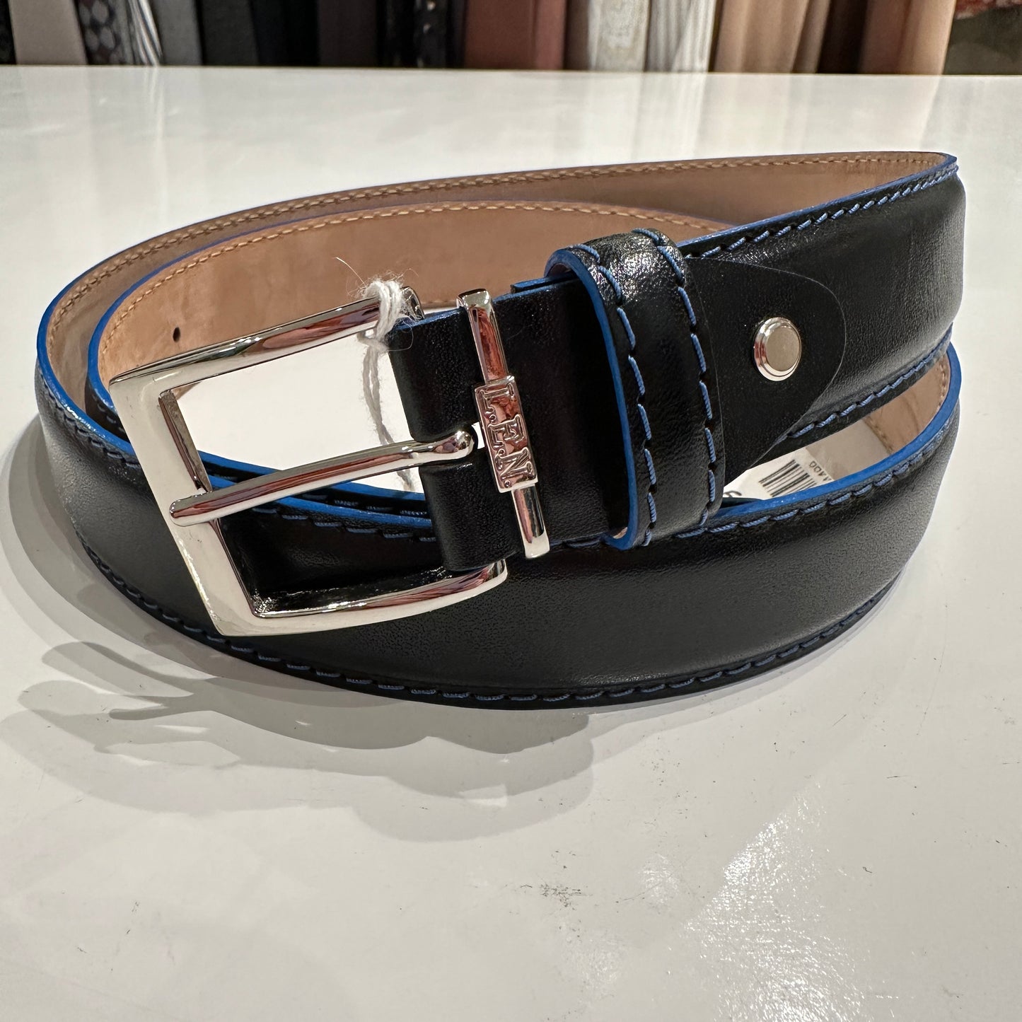 Italian Calf Belt in Black with Denim Stitching