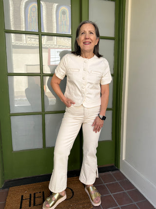 Collarless Short Sleeve Cropped Jacket