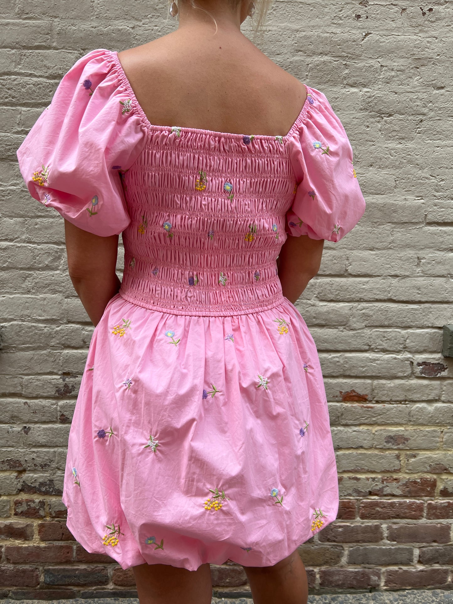 Embroidery Smocked Dress Pink Floral