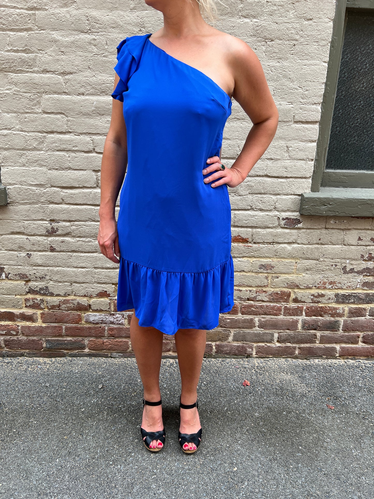 One shoulder ruffle dress blue