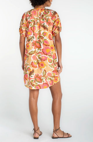 Short Sleeve Shirred Button Front Woven Dress
