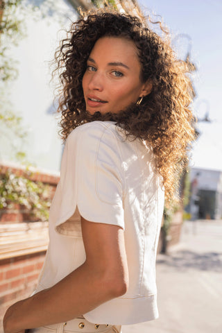 Collarless Short Sleeve Cropped Jacket