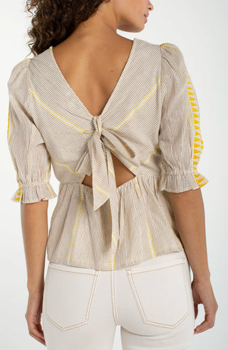 Half Sleeve Square Neck Tie Back Woven Top