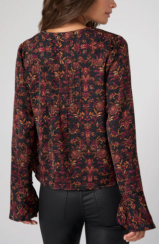 Long Sleeve Band Collar Woven Top W/ Pintuck
