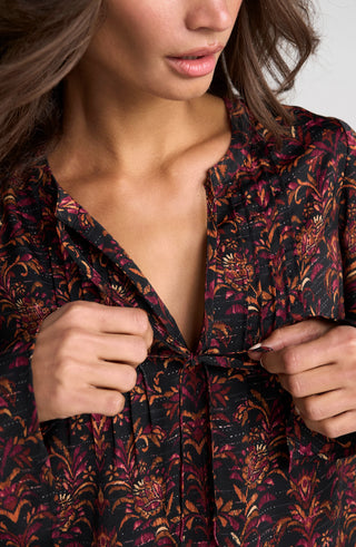 Long Sleeve Band Collar Woven Top W/ Pintuck