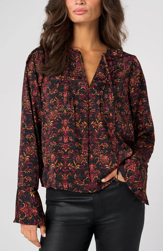 Long Sleeve Band Collar Woven Top W/ Pintuck