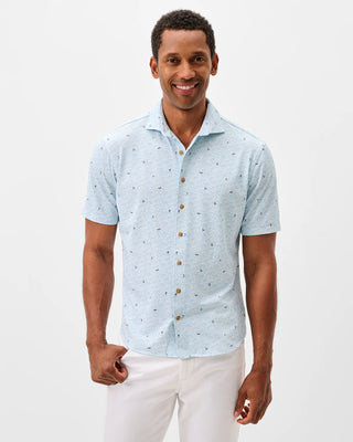 Printed Mesh Short Sleeve Button Down Shirt - Rowing Printed Knit