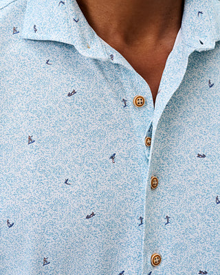 Printed Mesh Short Sleeve Button Down Shirt - Rowing Printed Knit