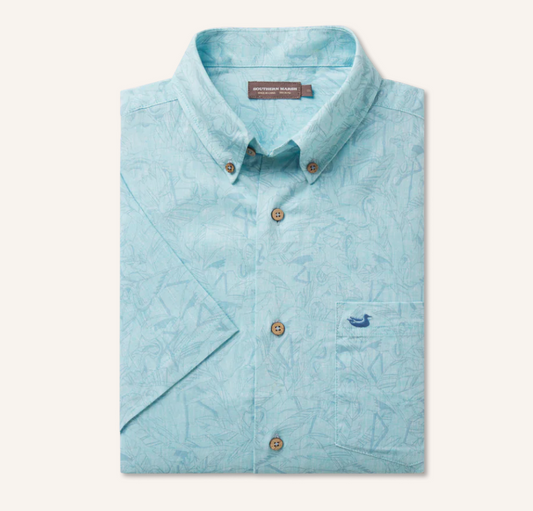 Island Linen Shirt - Flamingos Blue