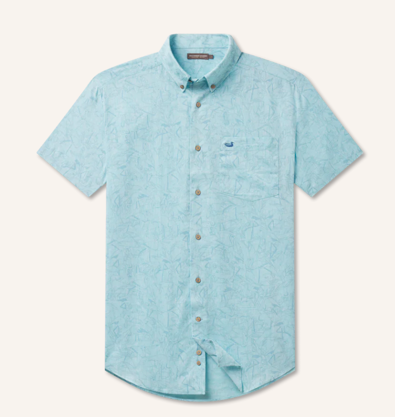 Island Linen Shirt - Flamingos Blue