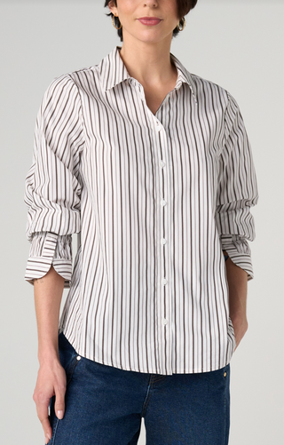 Adjustable sleeve button front woven top