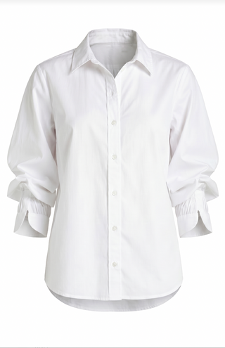 Adjustable sleeve button front woven top