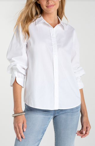 Adjustable sleeve button front woven top