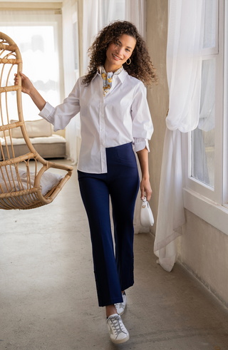 Adjustable sleeve button front woven top