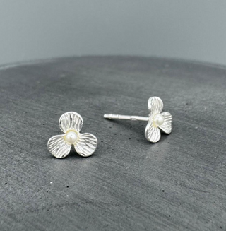 Silver Three Petal Pearl Flower Studs