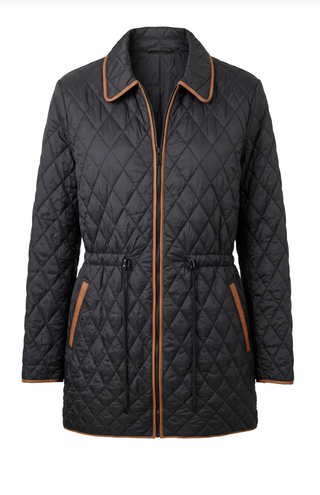 Zip front quilted cost w/ cinched waist