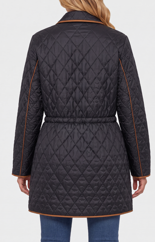 Zip front quilted cost w/ cinched waist