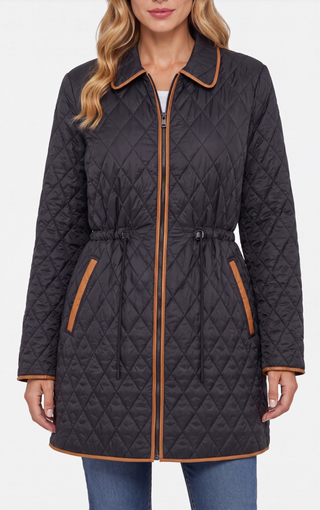 Zip front quilted cost w/ cinched waist