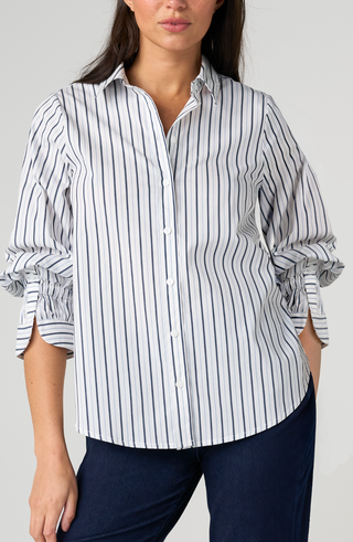 Adjustable sleeve button front woven top