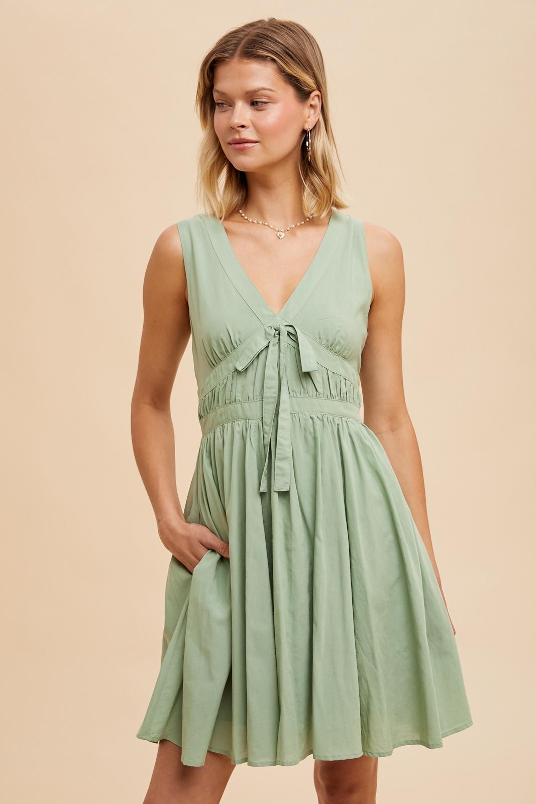 Cotton Bow Dress (Darling) - Sage