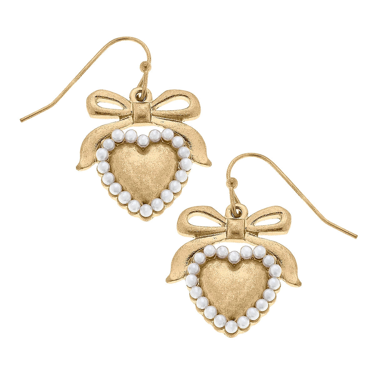 Molly Pearl Studded Heart & Bow Earrings in Worn Gold