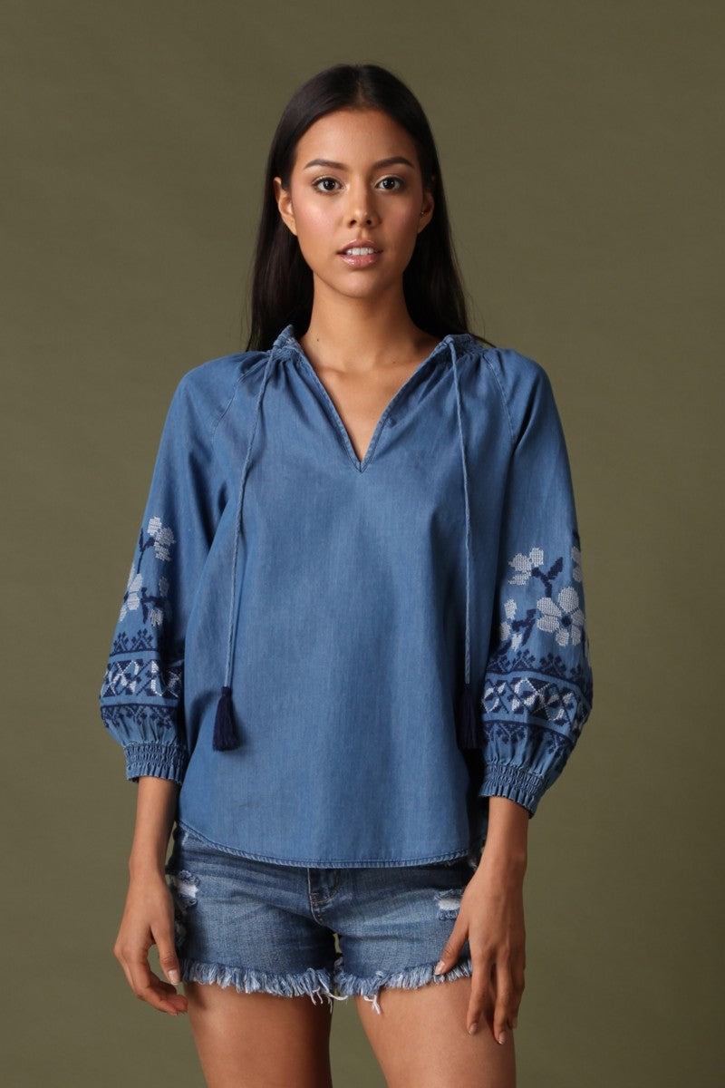 Denim Embroidery Top