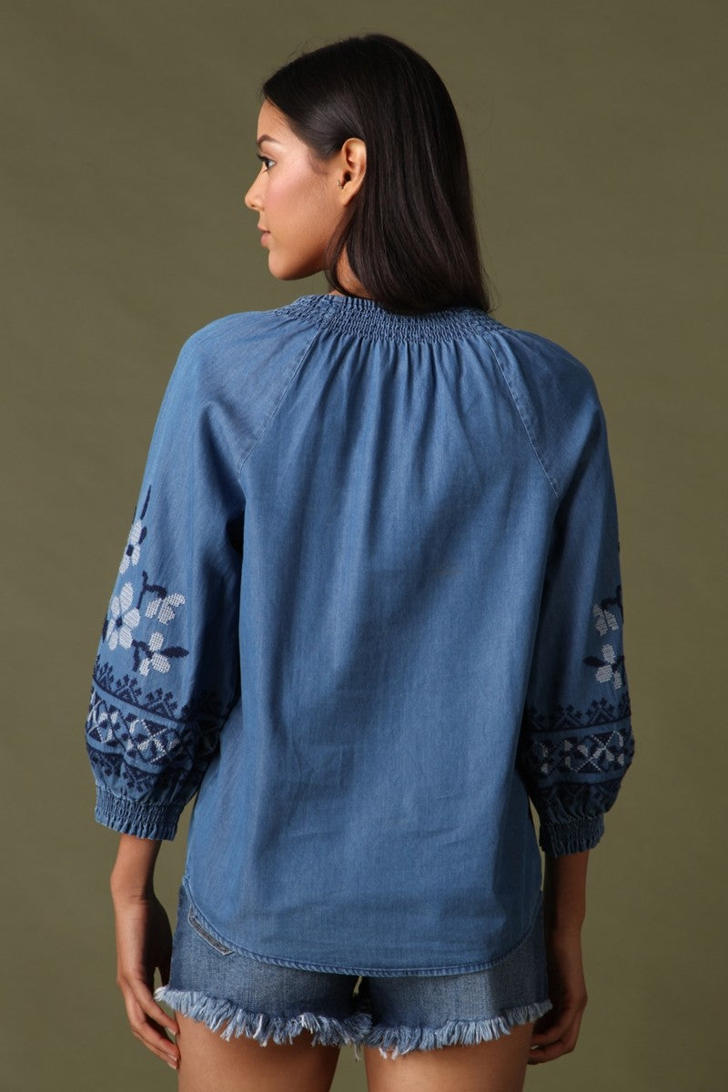 Denim Embroidery Top