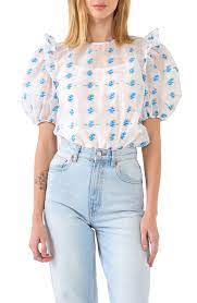 Embroidery Organza Top Blue Floral