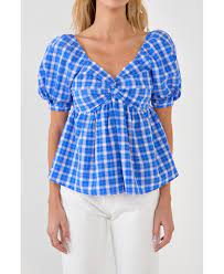 Gingham Twisted Puff Sleeve Top