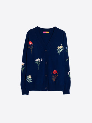 Navy Cardigan w/ Floral Embroidery