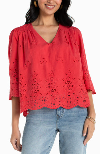 3/4 Sleeve Eyelet Woven Top