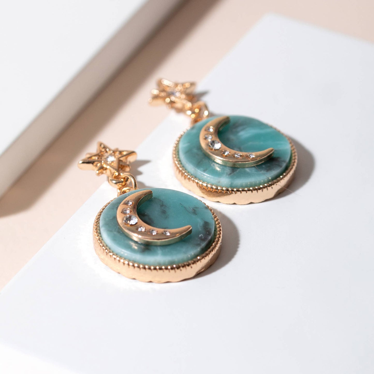 Round Crescent Moon Stone Dangling Earrings